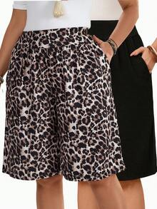 EMERY ROSE 2pcs/Set Plus Size Women's Summer Casual Everyday Bermuda Shorts,Beige Country Leopard Print & Black Shorts,Boho Vacation Outfits,Modest Two Piece Set - Multicolor - View 1
