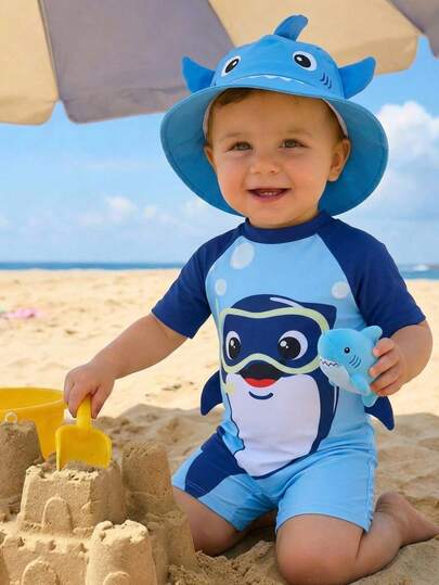 SHEIN 1件装男童休闲海洋鲨鱼卡通印花拼接袖连体针织泳衣，夏季水上游戏服