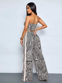 SOLERSUN 2 Stücke Set Damen Frühling/Sommer Alltags-Outfits, lässig elegant, abstraktes gestreiftes lässiges Crop Top & bedruckte elegante romantische Urlaubsunterteile für Damen für den täglichen Gebrauch, elegante farbenfrohe bedruckte figurbetonende sexy schicke Party graziöse Urlaubskleidung - Schwarz - Übersicht 2