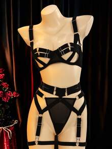 SHEIN 5件套女士外出捆绑性感内衣套装 - 黑色 - 查看 1