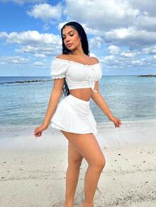 SHEIN SXY 海滩；夏季度假服装公主袖荷叶边假日白色两件套短套装 - 白色 - 查看 5
