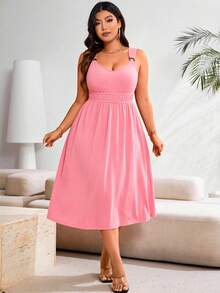 SHEIN Clasi Đầm maxi xếp ly màu trơn cỡ lớn dành cho nữ, kiểu dáng thường ngày, thích hợp mặc mùa hè. - Màu Hồng  Dưa hấu - Xem 6