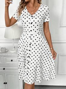 SHEIN PETITE CURVE 大码夏季休闲波点印花前扣V领连衣裙 - 黑與白 - 查看 5