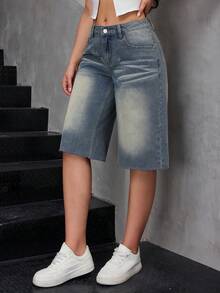 SHEIN Quần jeans nữ cạp thấp ống đứng dài đến 3/4, kiểu dáng thường ngày năng động, phù hợp với phong cách đường phố. - Rửa tối - Xem 6