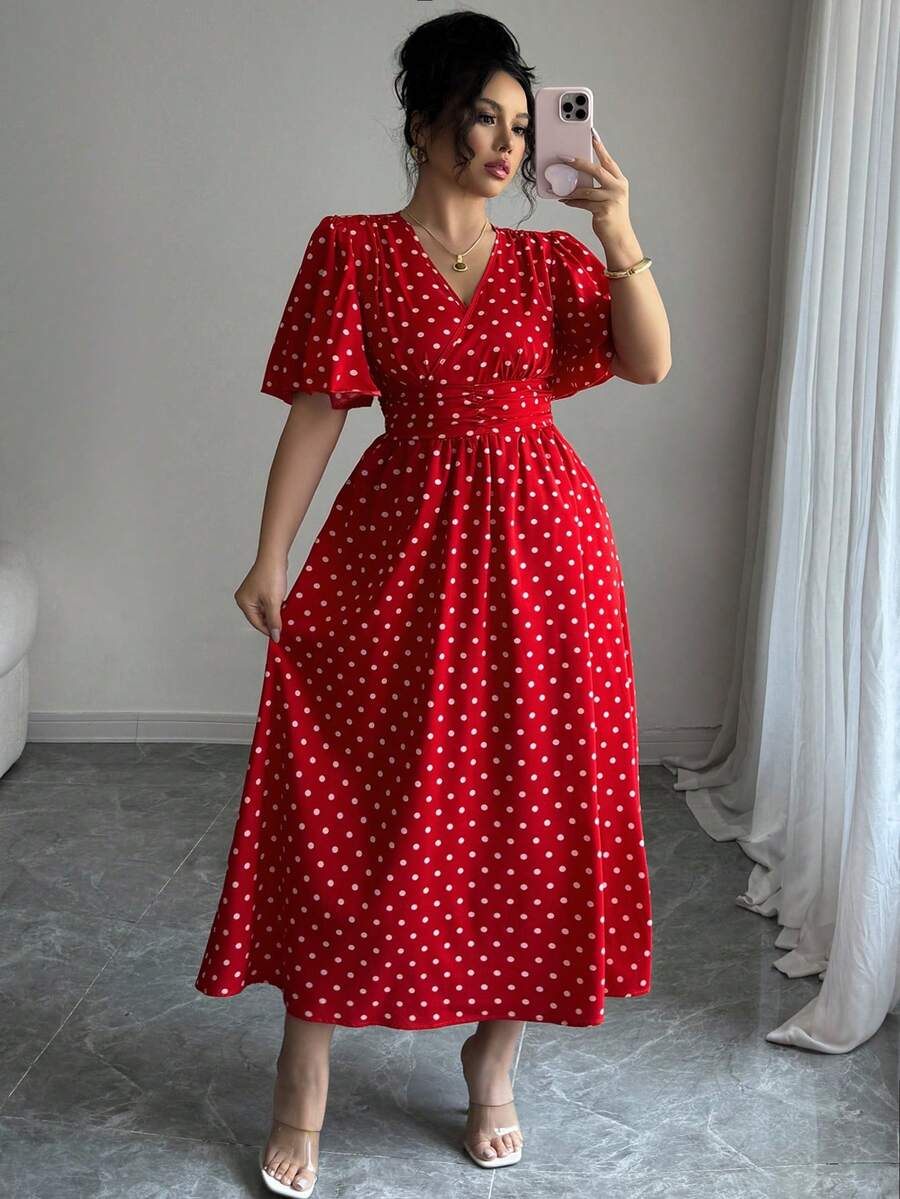 SHEIN Elenzya Đầm cỡ lớn màu hồng chấm bi ôm sát cổ chữ V chéo, thanh lịch, thoải mái, lãng mạn, thích hợp cho kỳ nghỉ hè, đi làm. - Đỏ - Xem 1