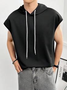 Manfinity Homme 男士抽绳休闲街头服饰 Era 纯色连帽针织无袖背心，适合夏季返校、健身 - 黑色 - 查看 3