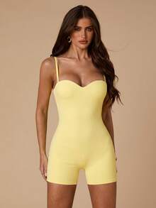 SHEIN BAE Bộ đồ lót nữ gợi cảm tối giản màu đen ôm sát, kết hợp với áo ngực và áo liền quần thời trang, thích hợp cho các buổi hẹn hò, hộp đêm, đi chơi, áo liền quần ôm sát, tiệc hóa trang, áo liền quần đen, lễ hội âm nhạc, bữa ăn sáng muộn. - Màu vàng - Xem 4