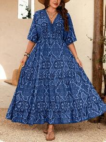 Breezaya Plus Size Women's V-Neck Bohemian Style Dress, Loose Floral Print Summer Beach Dress - Blue - View 3
