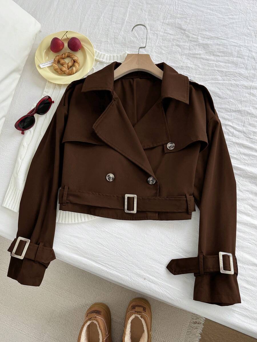 Comfortcana Plus Size Retro Brown Short Trench Coat With Collar, Suitable For Spring And Autumn - Brown - View 1