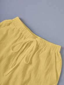SHEIN EMERY ROSE CURVE Plus Size Washed Cotton Cinched Waist Backpocket Button Decor Short Casual Top - Yellow - View 5