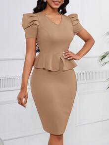 SHEIN Lady 女士纯色 V 领泡泡袖短款上衣和铅笔裙优雅两件套 - 卡其色 - 查看 4