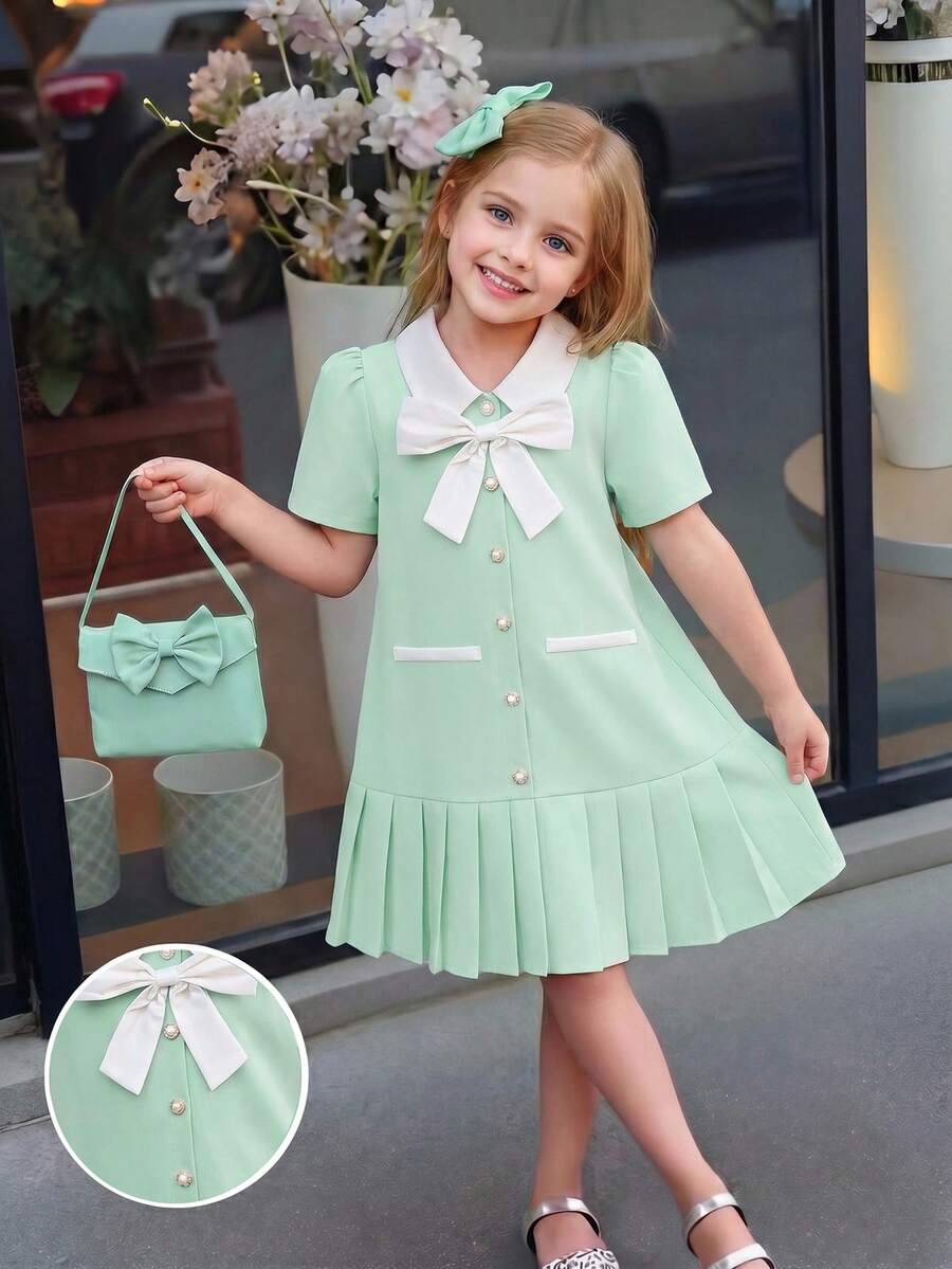 Elladie kids 1件女童休闲优雅薄荷绿蝴蝶结装饰短袖褶皱连衣裙，适合春夏、度假、外出、购物。