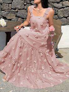Sunnyshic Plus Size Square Neck Spaghetti Strap A-Line Dress - Baby Pink - View 3