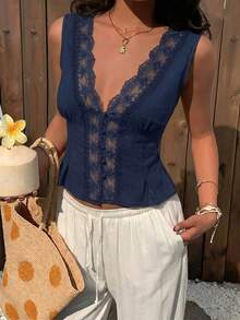 Aloruh Blusa ajustada de unicolor con aplicaciones de encaje, sin mangas y con cuello en V profundo - Azul Marino - Ver 4