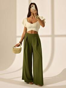 SHEIN Tall Pantalon large minimaliste de couleur unie à la mode pour navetteur, décontracté chic pour femme, bureau - Militaire verte - Voir 4