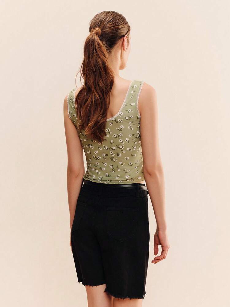 Green Mesh Fitted Top Mixed Print Floral And Check Print And A V-Neckline Vneck Top Checkered Top Vintage French Style Top Casual Holiday Top