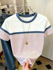 Resyla Women's Fashion Round Neck T-Shirt With Denim Striped Print - Multicolor - View 3