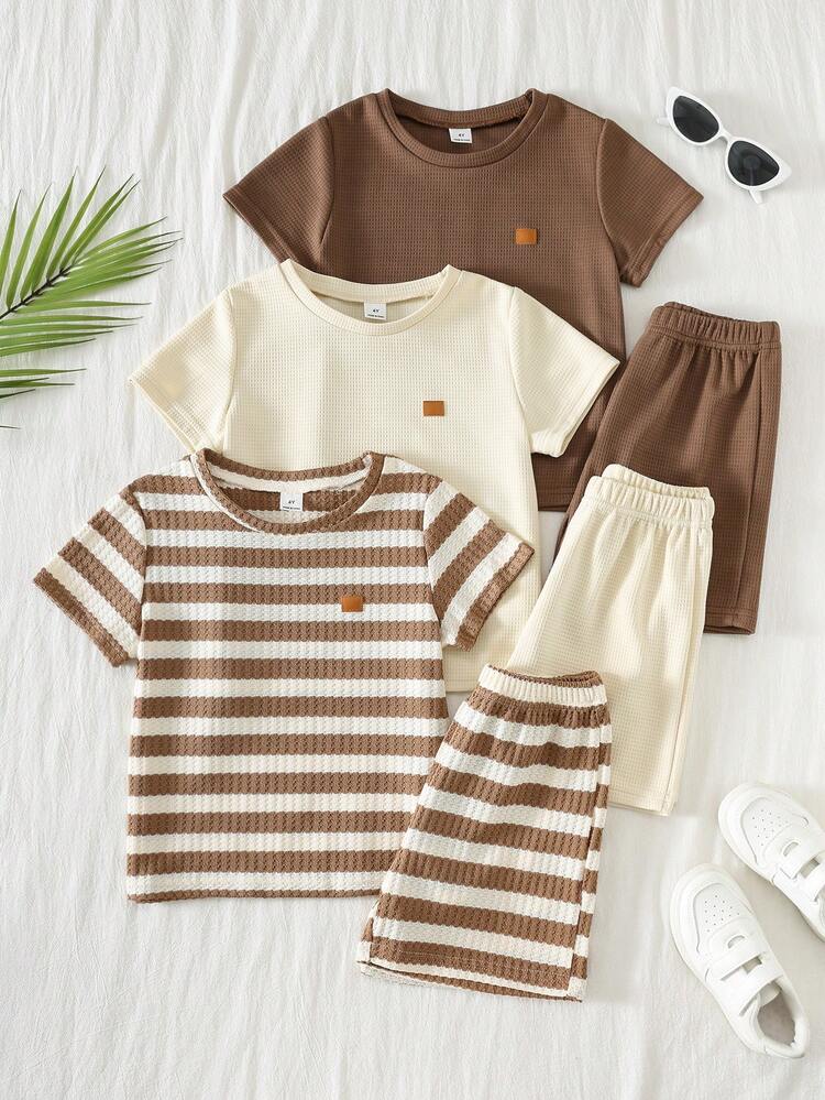Bộ 6 món áo thun ngắn tay và quần short in chữ nổi thoải mái, thường ngày cho bé trai, thích hợp cho mùa xuân/hè, mặc hàng ngày, thể thao, dã ngoại, đi học, tụ họp, lễ hội, chụp ảnh, mùa tựu trường. - Nhiều màu - Xem 3