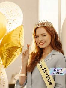 2 Peças Conjunto de Faixa de 18 Anos e Tiara de Coroa de Strass - Fita de Aniversário Feliz Dourada Brilhante com Broche de Rainha, Tiara Brilhante para Mulheres e Meninas, Decorações de Festa de Aniversário de Marco, Acessório de Foto Sweet 18, Presente de Aniversário para Ela, Suprimentos para Despedida de Solteira e Ano Novo - Multicolor - Visão 1