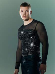Men's Round Neck Long Sleeve T-Shirt, Men's Mesh Patchwork T-Shirt - Black - View 5