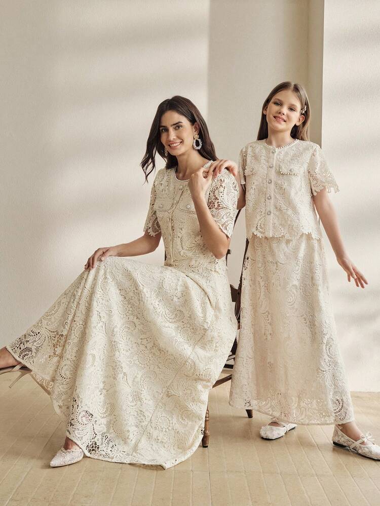 2pcs Girls' Lace Trim Floral Embroidered Top And Shorts Set, Sweet Style For Spring/Summer