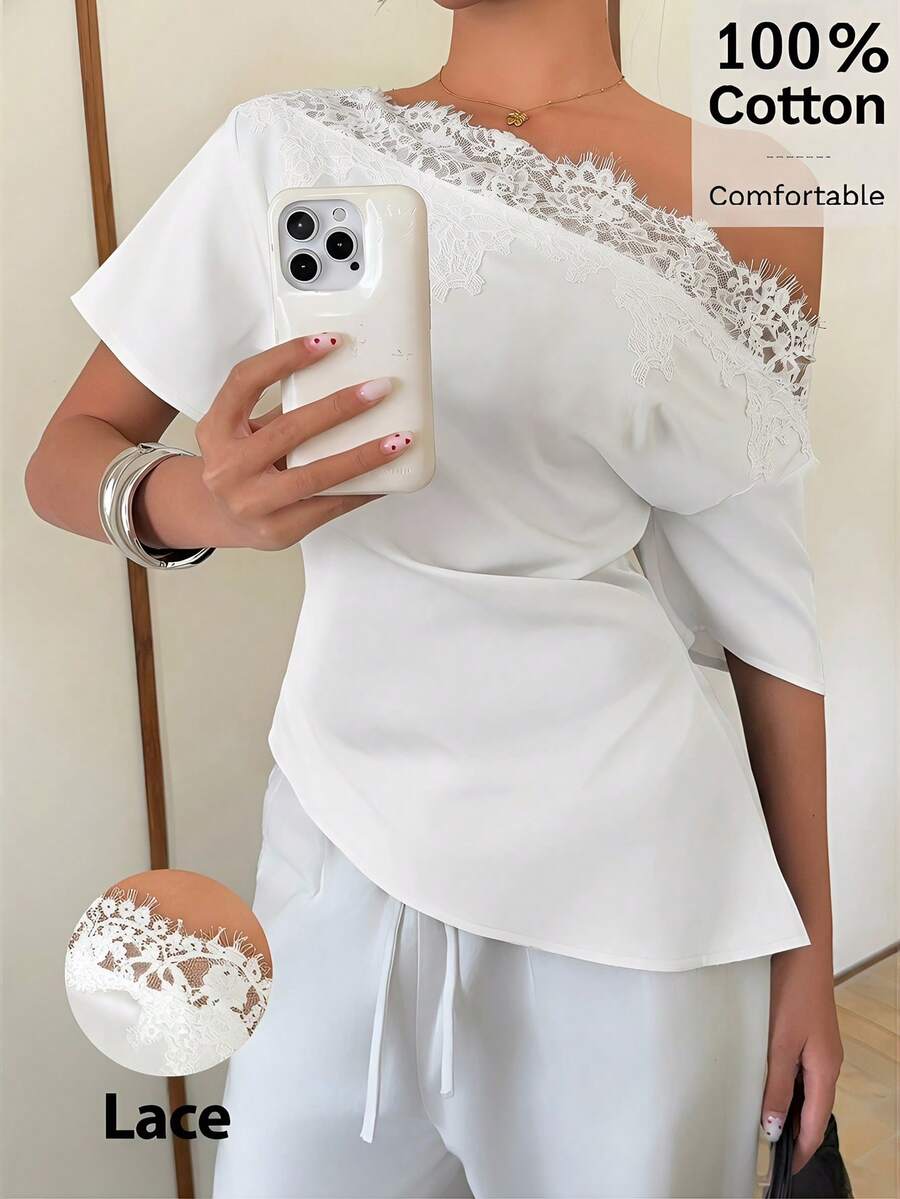 95% Cotton Asymmetrical Shoulder Lace Patchwork Top, White,Summer Top - White - View 1