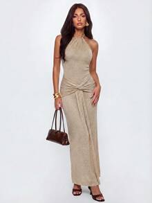 Avantive Women's Orange Summer Elegant Sexy Holiday Vacation Long Dress, Backless Halter Neck Knitted Texture Evening Dresses, 90s Y2k Vintage Party Night Out - Grey - View 2