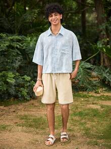Open Phase Men's Street Style Casual Shirt, Lightweight Breathable Fashionable Cut-Out 3D Textured Short Sleeve Button-Up Shirt, Cropped Loose Fit Versatile Sky-Blue Couples Outfit, Suitable For Weekend Dates Beach Vacations Beach Parties Daily Shopping, Perfect Gift For Boyfriend & Son & Mother's Day - Blue - View 3
