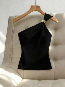 Elenzga Blusa sin mangas de un solo hombro con pliegues y efecto metálico para mujer de talla grande - Negro - Ver 3