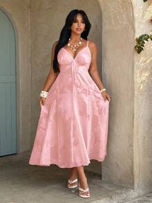 Rustia Pastel Pink Summer Elegant Tea Party French Chiffon 3D Floral Cut-Out Sleeveless Belted A-Line Maxi Dress,Plus Size Women Vacation Picnic Party Gown - Baby Pink - View 1