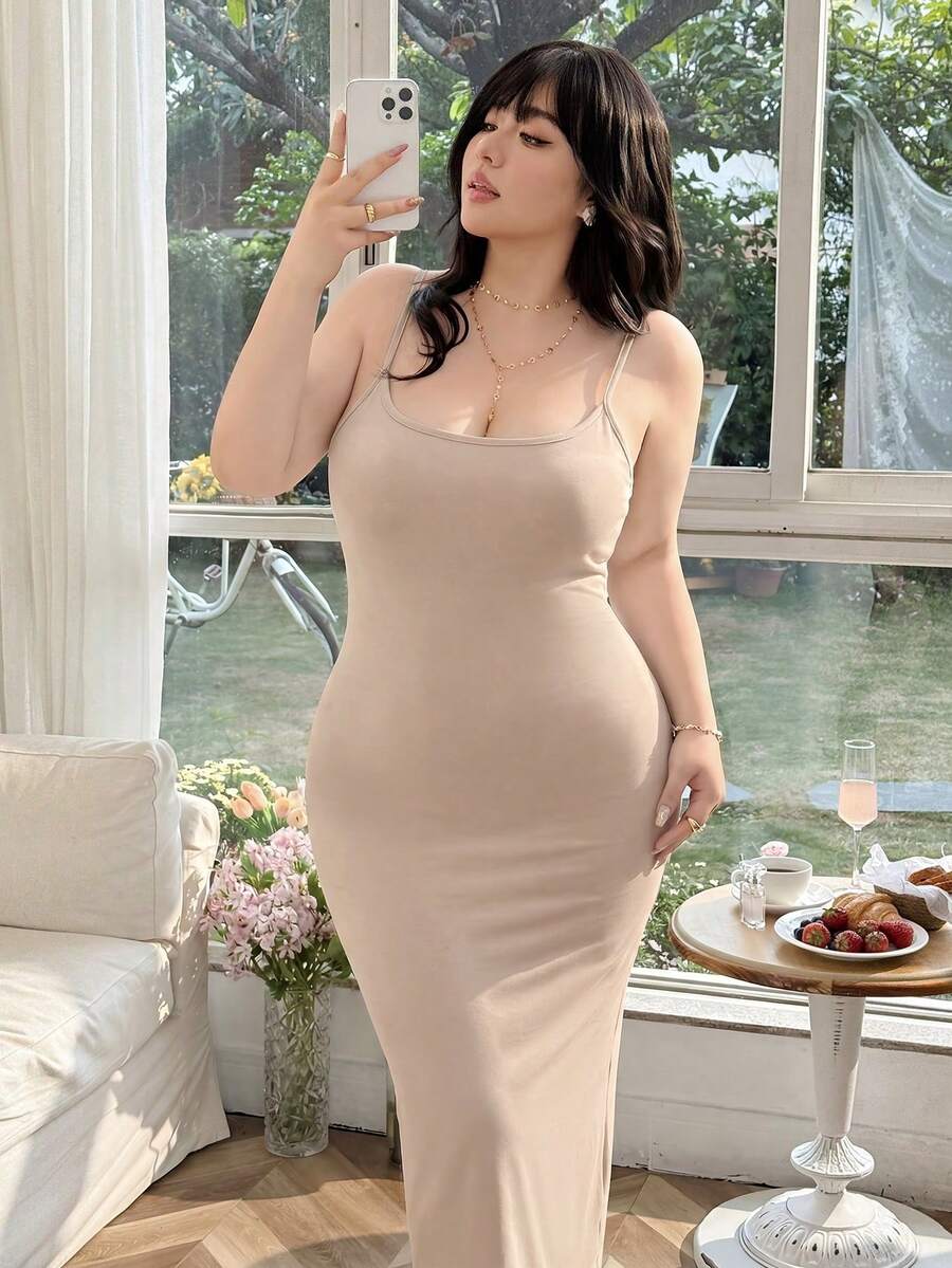 SHEIN EZwear Plus Size Khaki Long Strap Dress, Spring - Khaki - View 1