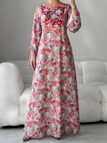 Al Najma Plus Size Women's Elegant Floral Print Cutout Neck Ruffle Sleeve Loose Dress, Vacation Style - Multicolor - View 8