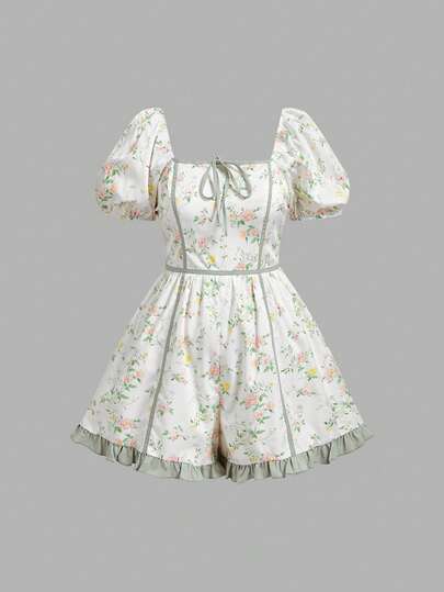 SHEIN MOD Mono corto con estampado floral diminuto y ribete de contraste, mono corto romántico para vacaciones, adecuado para reuniones diarias y picnics al aire libre