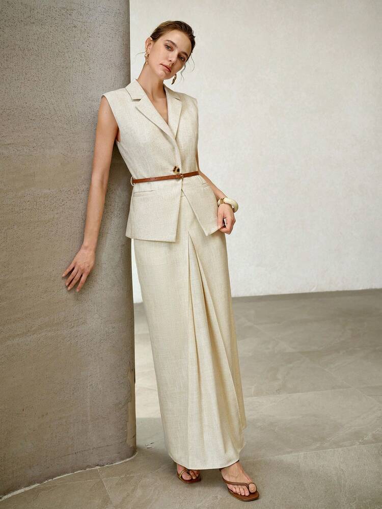 WOMEN'S LINEN BLEND PLEATED LOOSE A-LINE SKIRT