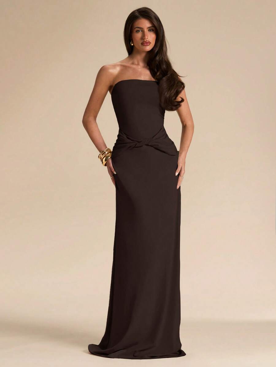 SHEIN BAE Apricot Solid Color Sleeveless Fitted Maxi Knit Dress, Minimalist Elegant Dress, Summer Casual Dress,Wedding Guest Dress Women - Coffee Brown - View 1