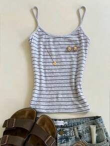 Glimmora Women's Fashionable Minimalist Versatile Round Neck Striped Bodycon Camisole Top, Summer - Light Grey - View 1