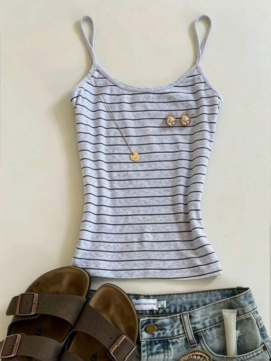 Glimmora Women's Fashionable Minimalist Versatile Round Neck Striped Bodycon Camisole Top, Summer - Light Grey - View 1