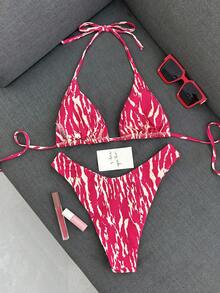 Swim Vcay Bộ bikini hai mảnh dành cho nữ, kiểu dáng nhiệt đới, dễ thương, bất đối xứng, họa tiết sọc, cổ yếm, quần tam giác, gợi cảm, dễ thương, thích hợp đi biển, nghỉ mát, thường ngày, thanh lịch, dự tiệc ngày Valentine. - Nhiều màu - Xem 2