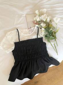 DAZY Women's Round Neck Short Sleeve Korean Style Casual 2 In 1 Short Sleeve Shirt Summer School - Black and White - View 4