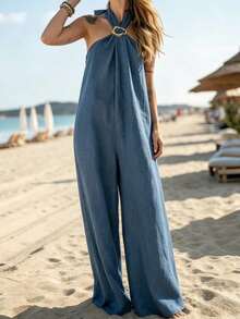 SHEIN PariChic Bộ jumpsuit nữ dáng rộng ống rộng, cổ yếm, chất liệu giả vải lanh, kiểu dáng nghỉ mát. - Màu xanh lam - Xem 6