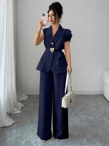 SHEIN Elenzya 女士优雅杏色奢华正式礼服套装，亮片欧根纱荷叶边领系腰西装套装，包括无袖外套和直筒裤，酒红色，适合万圣节、圣诞节、新年派对、毕业典礼、婚礼和其他场合。 - 藏蓝色 - 查看 3