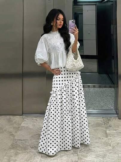 SHEIN Elenzya Chân váy dài mùa hè dành cho nữ, thích hợp cho kỳ nghỉ hè, lễ hội, đi biển, trang phục đi nghỉ mát thanh lịch, chân váy trắng chấm bi thiết kế bất đối xứng xếp nếp thoải mái.