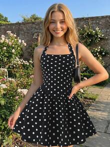 Elegant Black And White Polka Dot Halter Mini Dress,Summer Party Beach Vacation Ruched Front Layered Ruffle Hem Textured Fabric For Young Women - Black - View 4