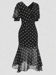 SHEIN Clasi Vestido de manga media con dobladillo de cola de pez a lunares negros y blancos talla grande para mujer - Negro - Ver 3