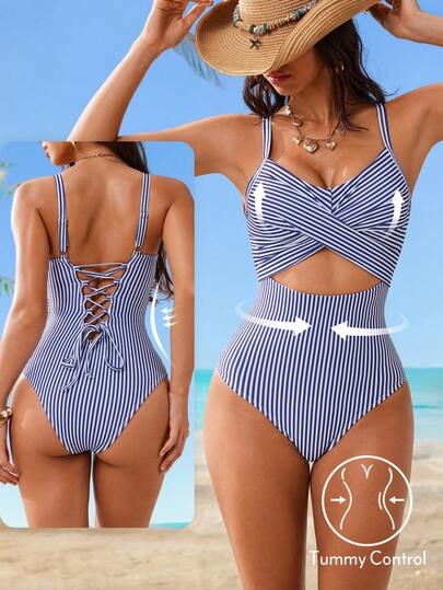 Shapewave Áo tắm liền thân nữ mùa hè đi biển kẻ sọc, dây buộc chéo phía sau, dây mảnh.