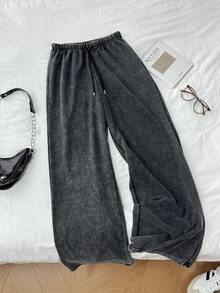 Tseoso 62%棉女士休闲低腰直筒运动裤，粉色蝴蝶结图案 - 水洗复古宽松阔腿抽绳裤，黑色，可爱软妹风和清纯少女风，Y2K复古风，完美 - 黑色 - 查看 2