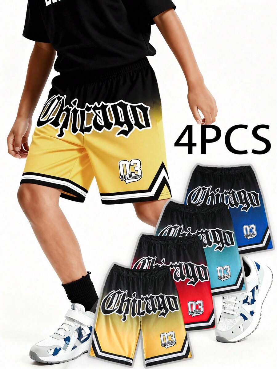 SHEIN Conjunto de 4 peças de shorts casuais esportivos com estampa de letras 3D em degradê, estilo Chicago, para meninos pré-adolescentes. Confortáveis e estilosos, com cintura elástica, laváveis à máquina, ideais para uso diário, atividades ao ar livre e para o verão. - Multicolorido - Ver 1