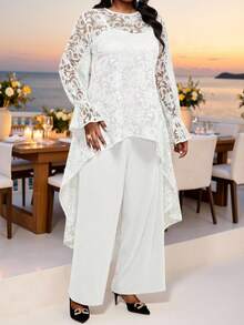 Fleurora Ensemble 2 pièces élégant avec Top à manches longues avec patchwork en dentelle et pantalon, couleur unie, dos court et devant long, taille grande - Blanc - Voir 3