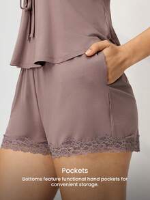 LUVLETTE Bộ đồ ngủ mùa hè thoải mái làm từ chất liệu TENCEL™ Modal màu nâu nhạt, gồm áo hai dây và quần short, mềm mại, thoáng khí, thích hợp mặc ở nhà. - màu nâu - Xem 11
