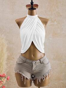 Bellisia Crossover Rhinestone Chain Detail Backless Halter Top Casual Summer - White - View 3